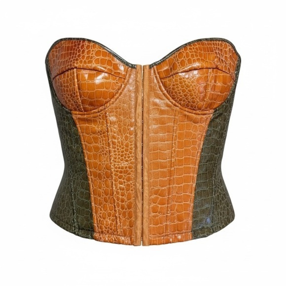 Carmin Croc Embossed Corset Women 1X Brown Green Faux Leather Hook Eye Bustier